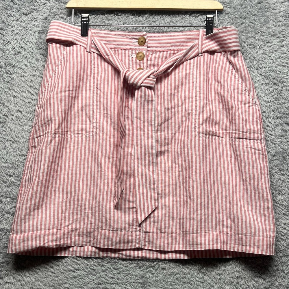 Talbots Skirt Womens 12P Petite Pink White Stripe Linen Blend‎ Coastal Nautical